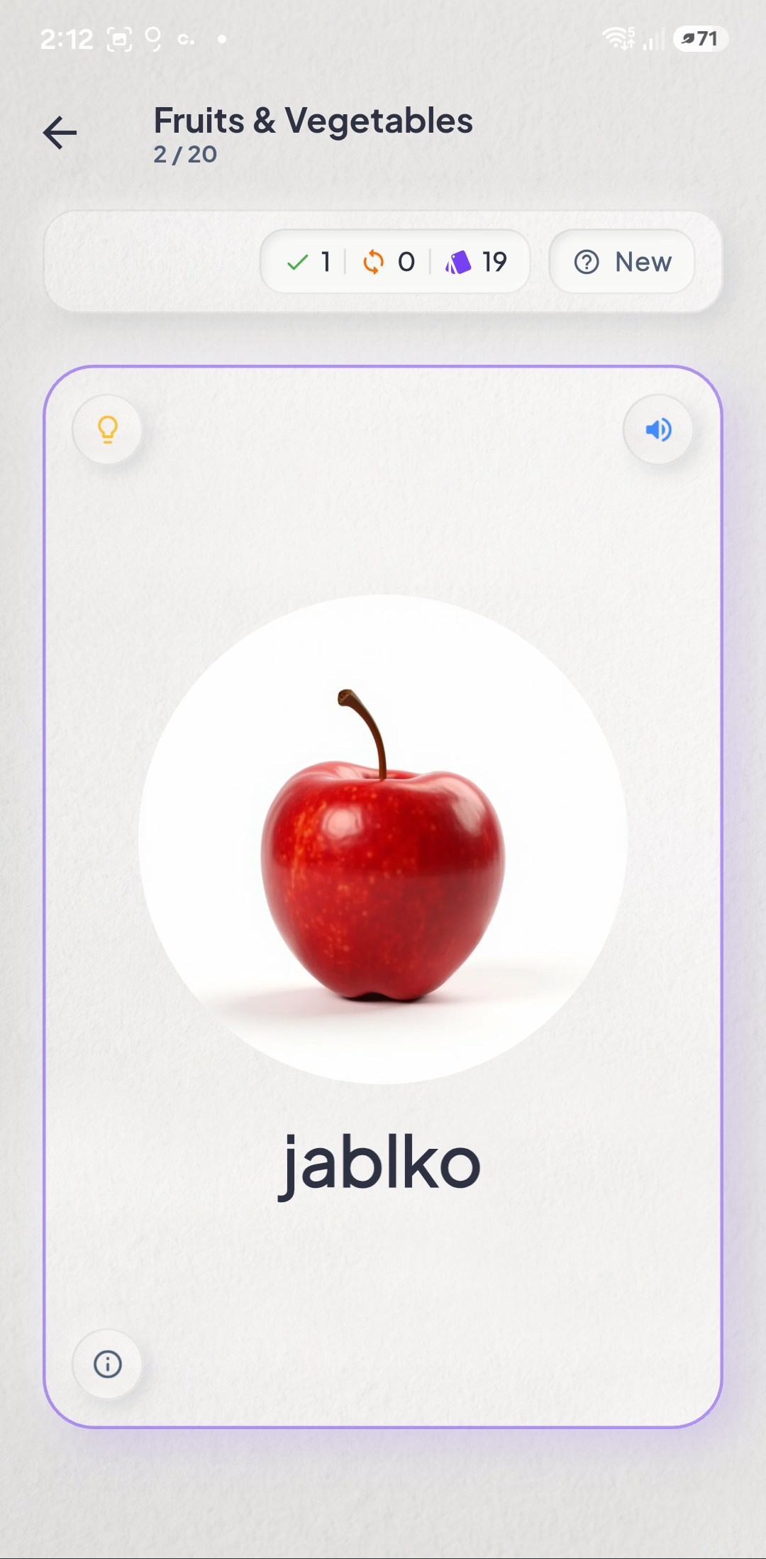 reVocab flashcard for 'jablko' (apple) with an image and audio pronunciation